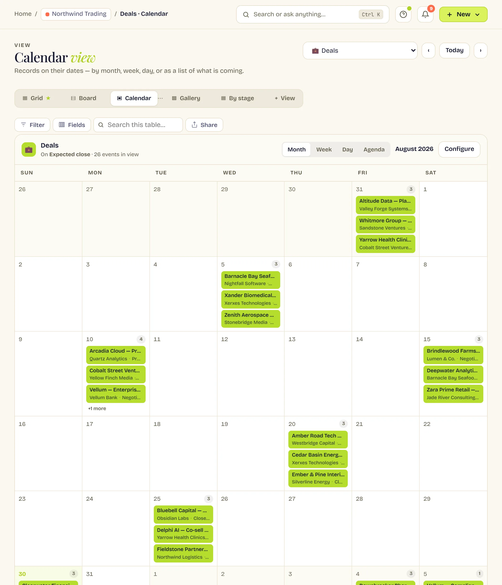 A month of deals on a calendar. The header says which date field it is plotted on and how many events are in view, with tabs for Month, Week, Day and Agenda. Each day cell holds coloured pills naming the deal and its company, and a busy day shows a “+1 more” link.