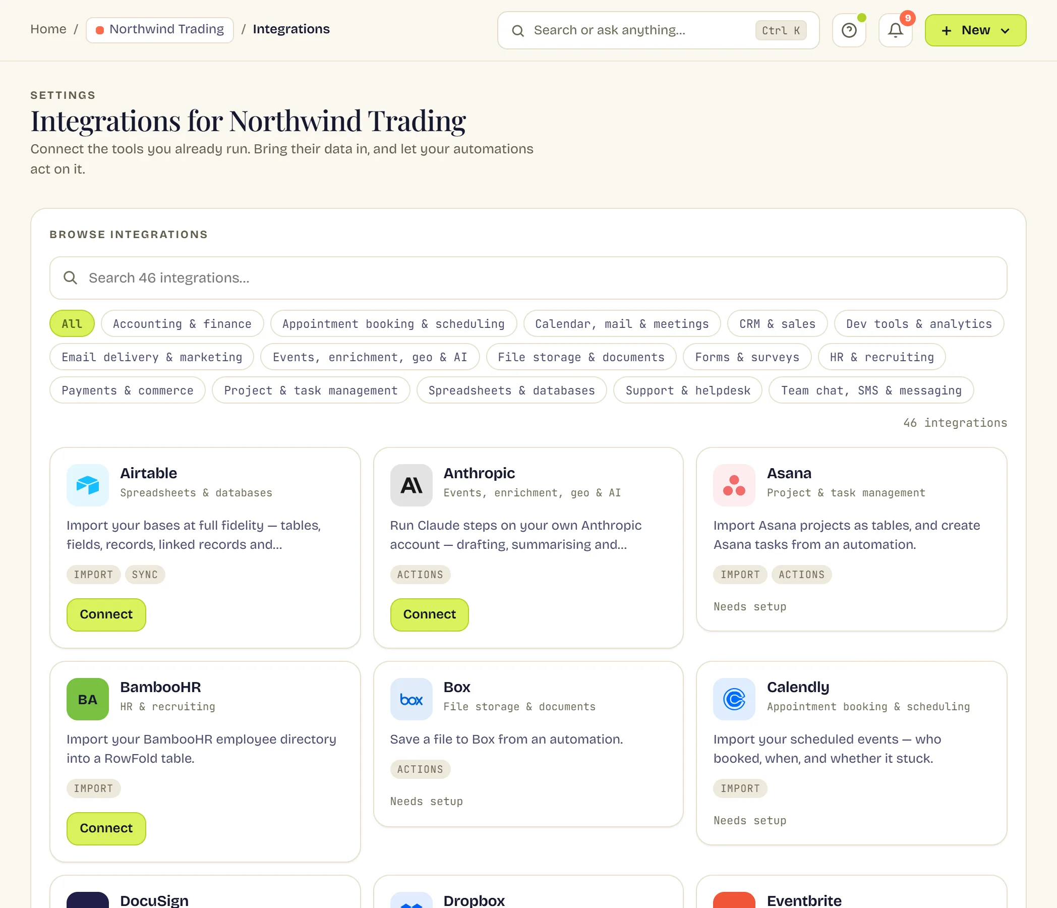 The integrations page: a row of category filters above a grid of connector tiles, each naming a tool and what it brings across, with a button to connect an account.