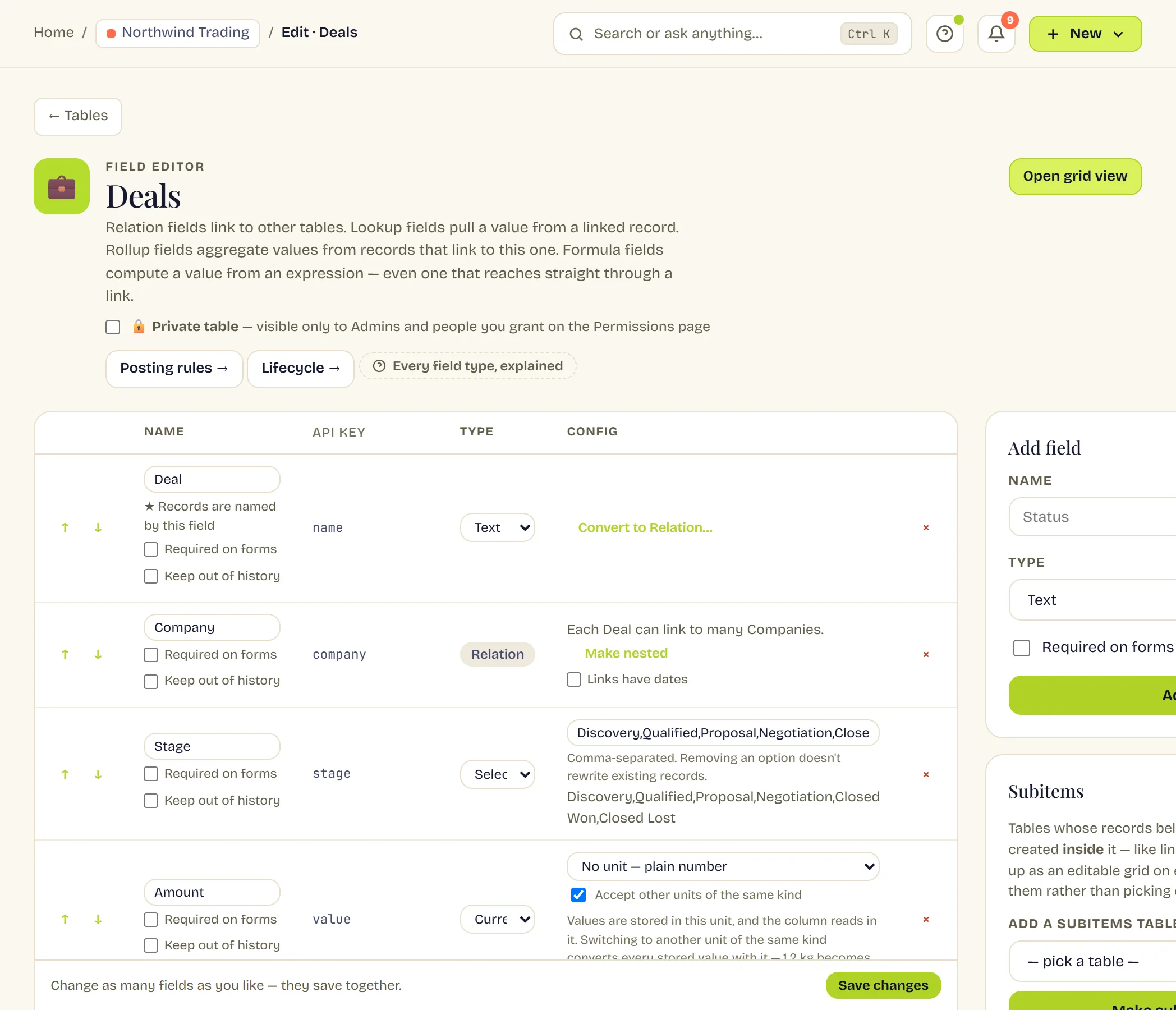 The field editor for a Deals table, listing its nine fields — Deal, Company, Stage, Amount, Probability, Expected close, Deal owner, Industry and Tier — each with its type and its settings, above a panel for adding another.
