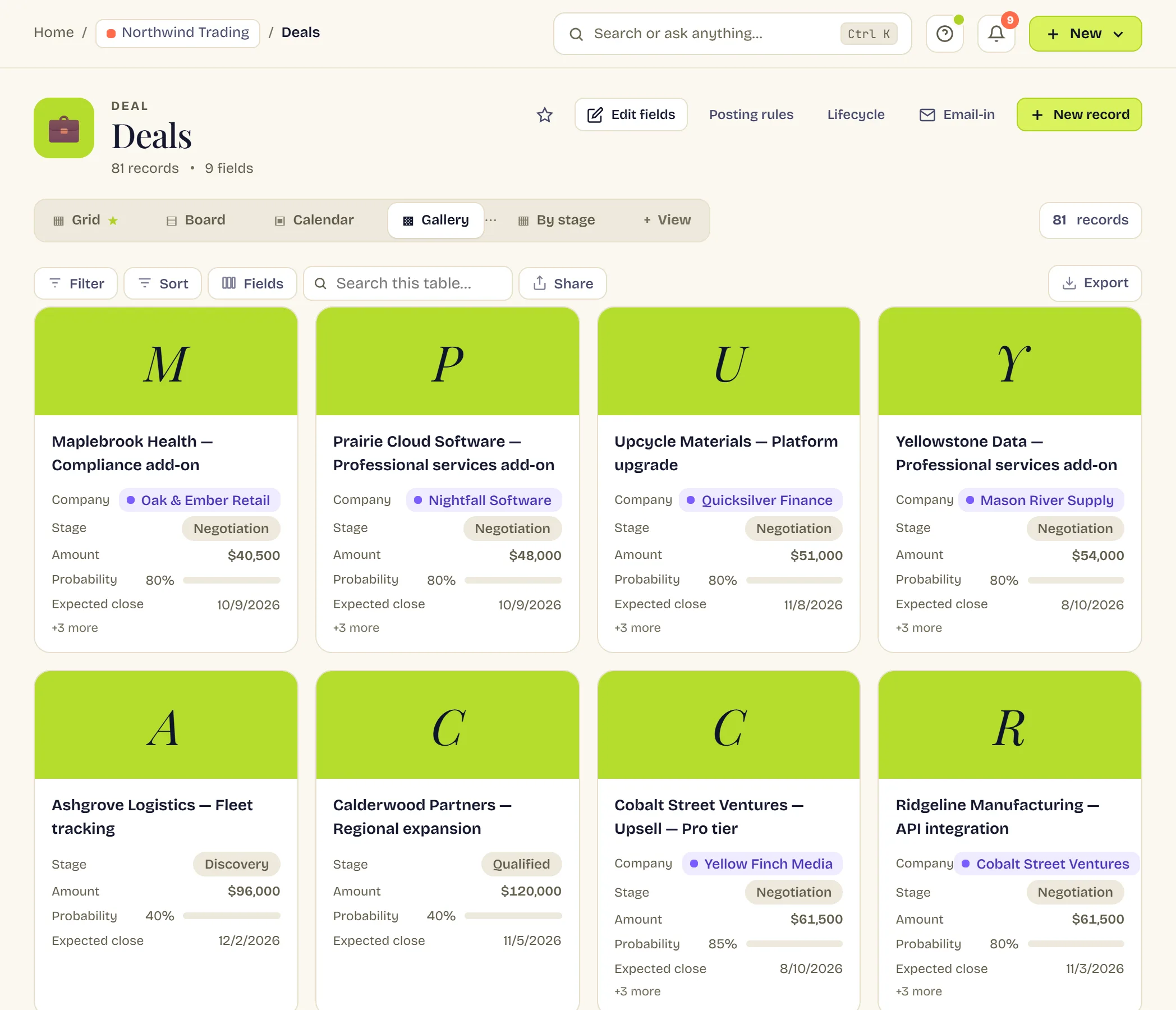 The same deals as cards in a gallery. Each card has a coloured header with the record's initial, then its name and the first few fields — company, stage, amount, probability and expected close — ending in a “+3 more” link.