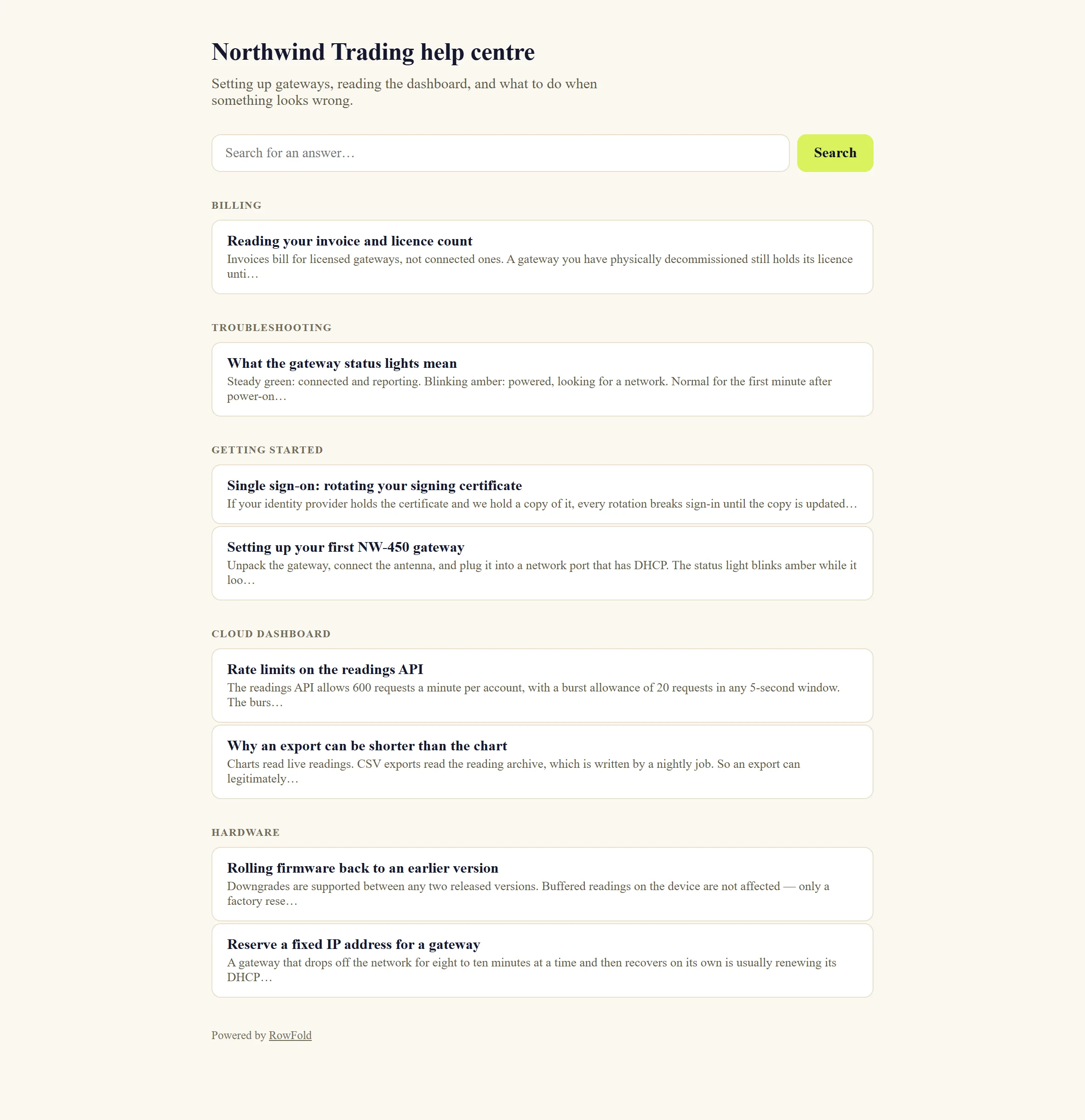 A published help centre: the workspace's name and a one-line description, a search box, and articles grouped under Billing, Troubleshooting, Getting started, Cloud dashboard and Hardware, each showing its title and the start of its text.