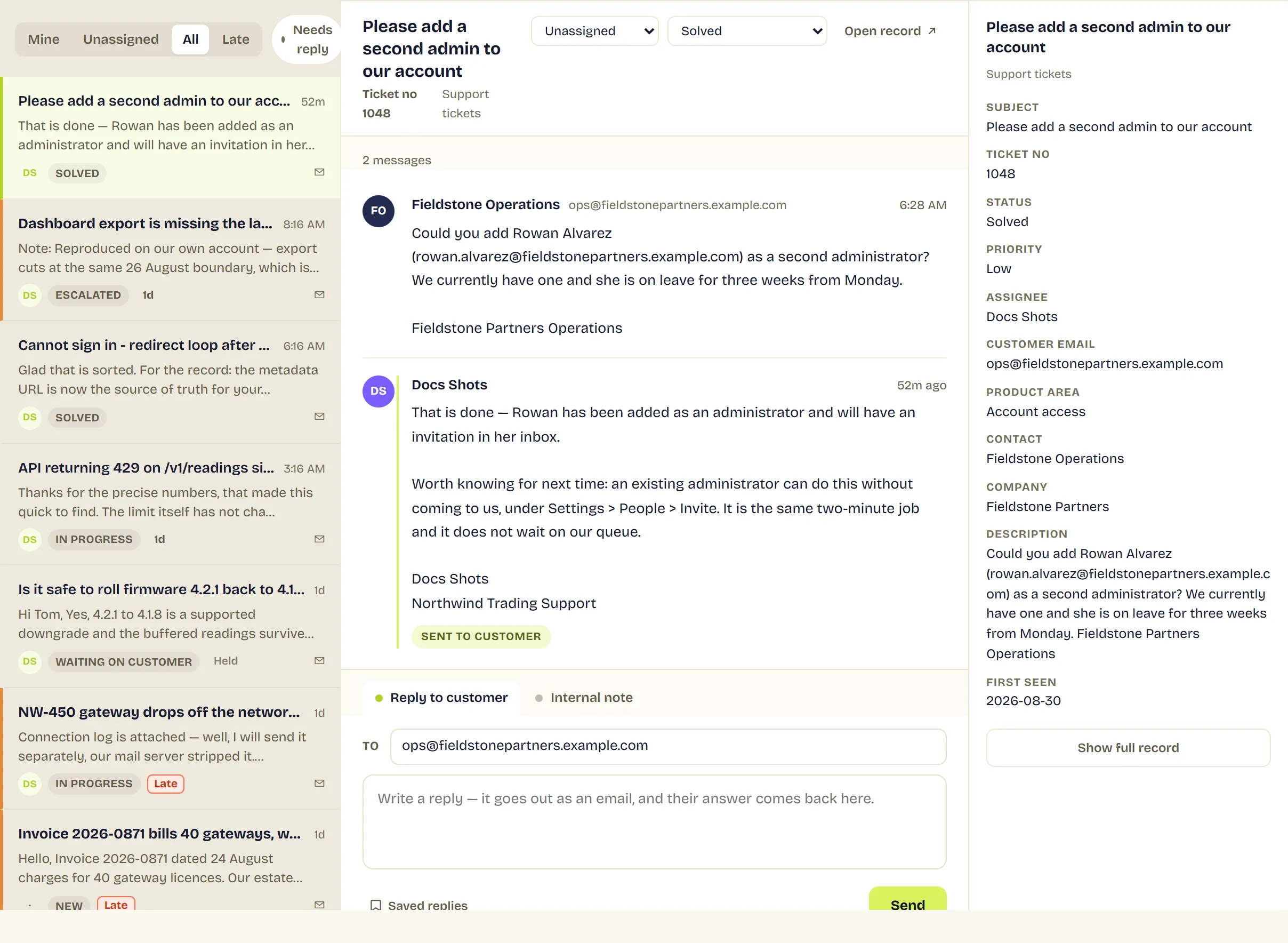 The Inbox in three panes. On the left a queue of support conversations with tabs for Mine, Unassigned, All and Late, each row showing its status and, where a promise has been missed, a Late chip. In the middle the selected conversation with the customer's message and the reply, badged “sent to customer”. On the right the ticket's own fields.