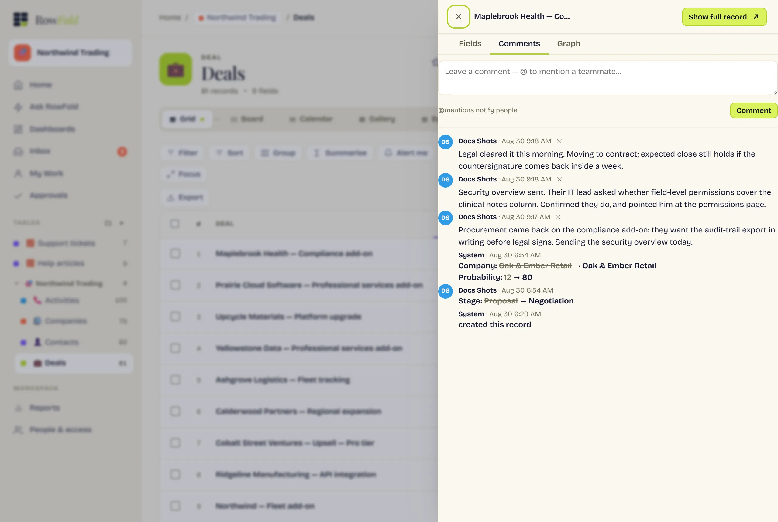 A record's Comments tab in the peek drawer. Three comments about a compliance deal are interleaved with the record's own change history — “Probability: 12 → 80”, “Stage: Proposal → Negotiation”, and “created this record”.
