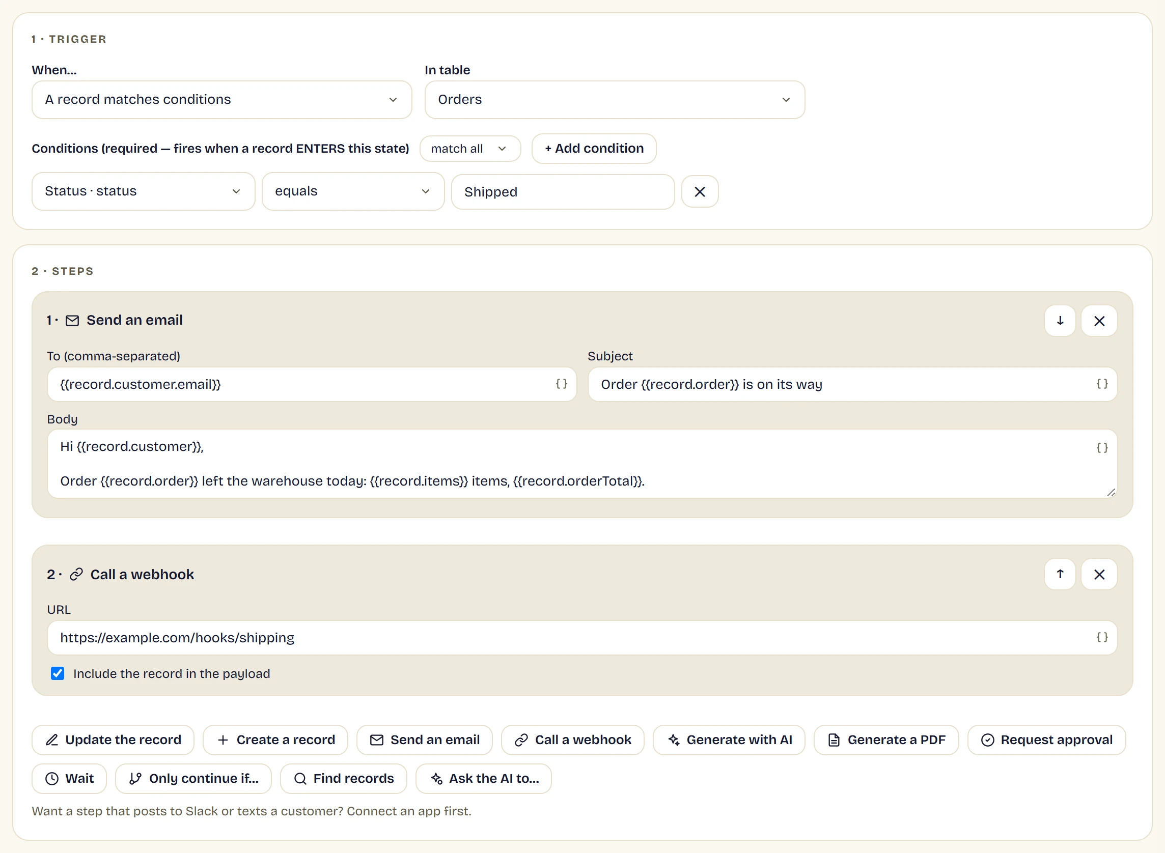 RowFold's automation editor: a trigger for orders whose status becomes Shipped, then an email step and a webhook step, with the other step types listed below.