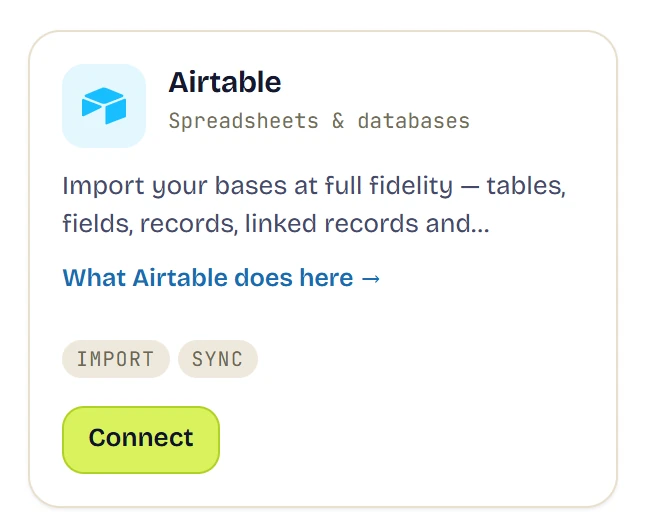 The Airtable connector's card in RowFold's Integrations page, labelled import and sync, with a Connect button.