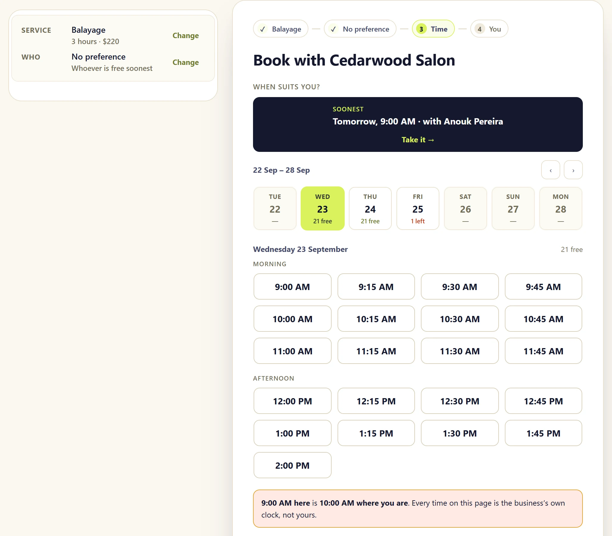 A public booking page: the service and staff already chosen on the left, the soonest appointment offered at the top, a week of days with how many slots each has free, and a grid of times.