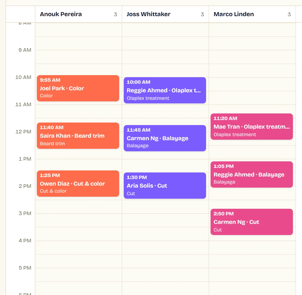 One day on the scheduler: a column per stylist, appointments as coloured bars at their real times, each showing the client and the service.