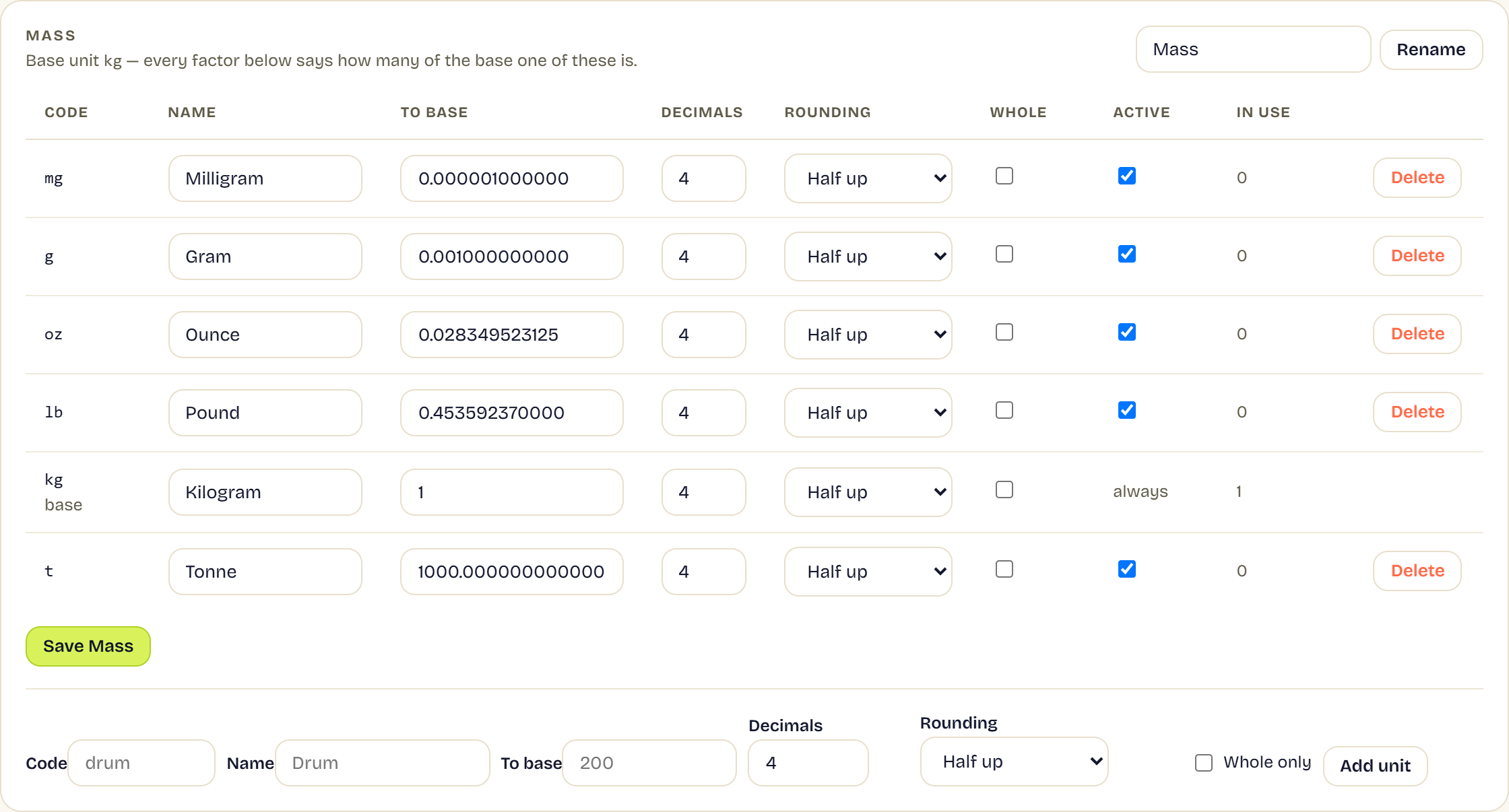 RowFold's unit library showing the Mass class. Each row has a code, name, to-base factor, decimals, a rounding mode, whole-numbers-only and active checkboxes, an in-use count and a delete button.