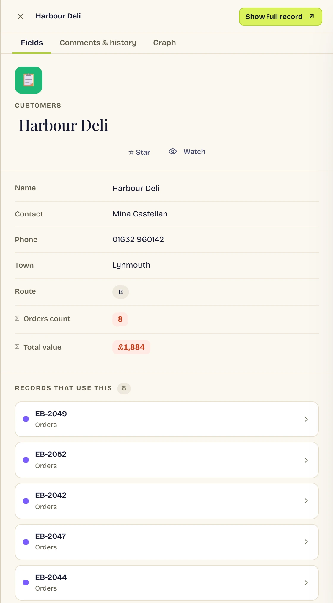 One customer's record in RowFold: Harbour Deli, with its contact, phone, town and route, a count of its orders, their total value, and the orders that link to it listed underneath.
