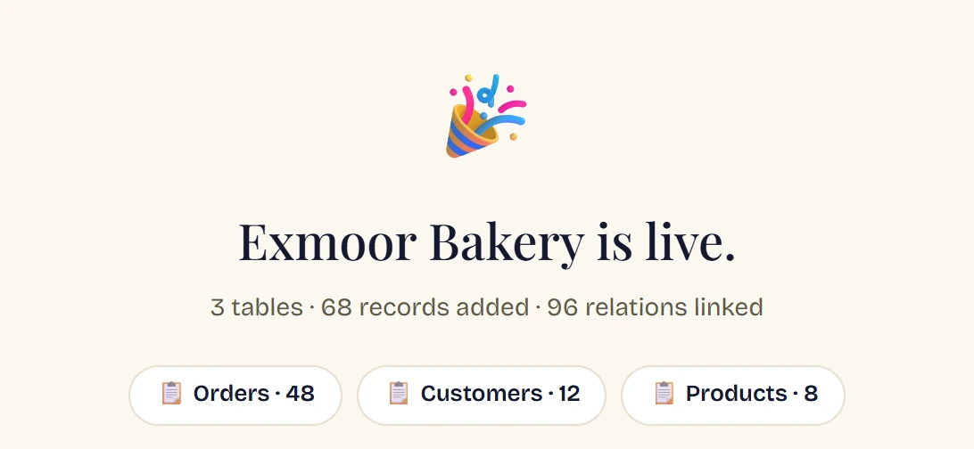 The import's last screen: Exmoor Bakery is live. 3 tables, 68 records added, 96 relations linked.