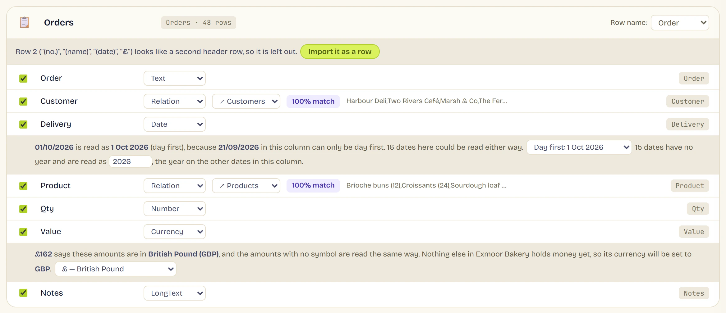 The import's review step for the Orders tab. Row 2 is left out as a second header row. Customer and Product are relations with a 100% match. A note says the dates are read day first, and another that the amounts are in British pounds.