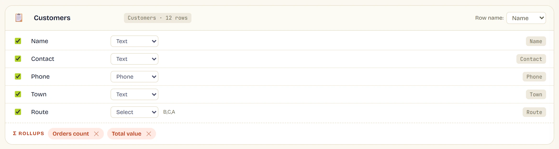 The import's review step for the Customers tab, with two suggested rollups at the foot: Orders count and Total value, each with a remove button.