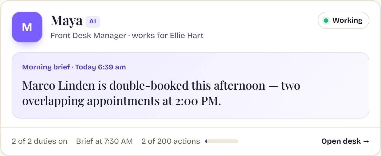 Maya's card on the team page: Front Desk Manager, works for Ellie Hart, Working, with the headline of her latest brief.