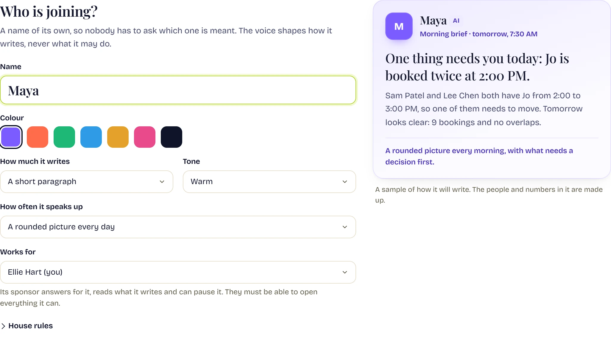 The first step of hiring a Front Desk Manager: the name Maya, a colour, how much it writes, its tone set to Warm, who it works for, and beside them a sample brief in that voice.