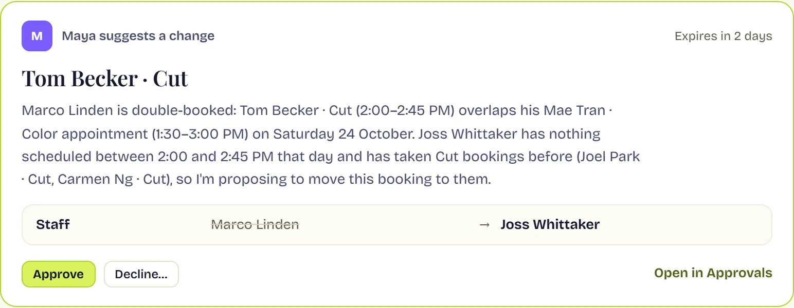 Maya suggests a change to the booking Tom Becker · Cut: Staff, from Marco Linden to Joss Whittaker, with her reason, Approve and Decline buttons, and Expires in 2 days.